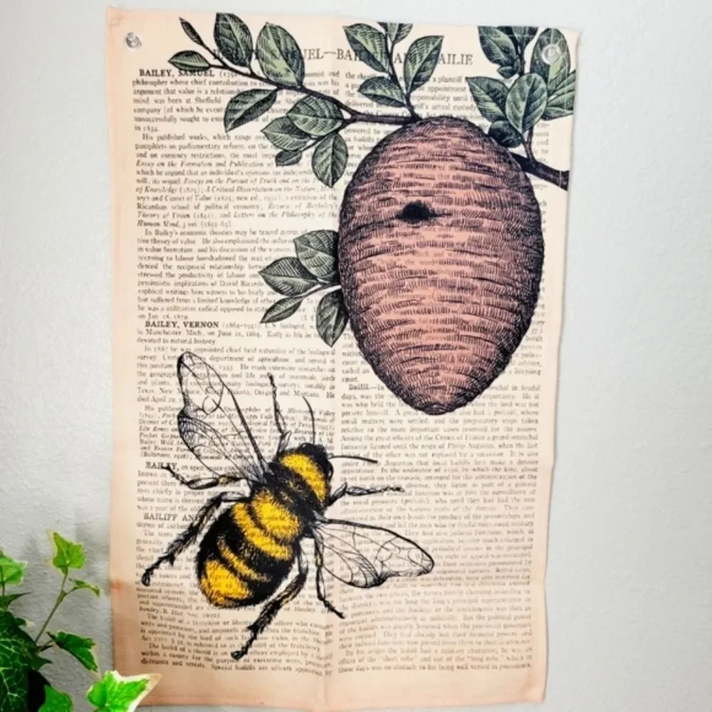 Bee Beehive Vintage Book page Wall Tapestry Tree Bohemian Rustic Drawing green